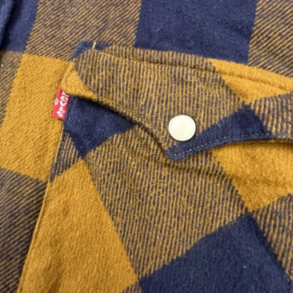 Levis Flannel Shirt Men Large Brown Blue Plaid Western Pearl Snap Rodeo Cowboy